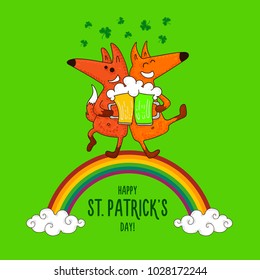 Saint Patrick's Day card with foxes and irish simbols. Vector doodle illustration.