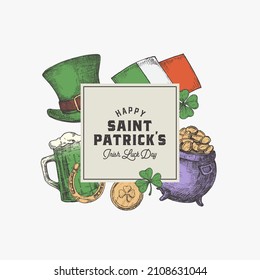 Saint Patricks Day Card or Frame Label Template. Hand Drawn Leprechauns Hat, Gold Coins Pot and Shamrock Leaf Sketch Symbols with Retro Typography. Irish Flag and Beer Mug Background. Isolated