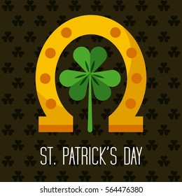 saint patrick's day card with gold horseshoe and clover icon. colorful design. vector illustration