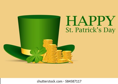 Saint Patrick's Day Card with Golden Coins Leprechaun. Vector Illustration