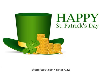 Saint Patrick's Day Card with Golden Coins Leprechaun. Vector Illustration