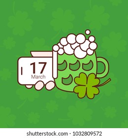 Saint Patricks Day Card With Green Mug Of Beer On Shamrock Background Vector Illustration