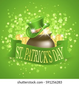 Saint Patricks Day Card with Green Hat and ribbon whith Gold lettering, Brown Pot Full of Golden Coins on Green Clovered Background. Vector Illustration.