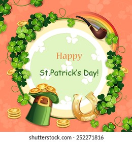 Saint Patrick's Day card with hat, horseshoe and clover