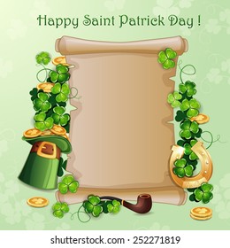 Saint Patrick's Day card with hat, horseshoe and clover