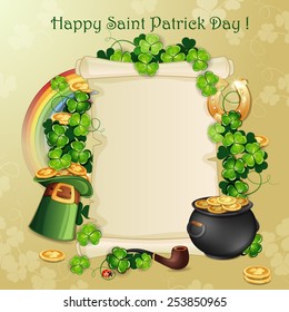 Saint Patrick's Day card with hat, horseshoe and clover