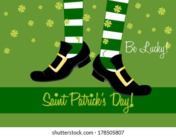 saint patrick's day card with irish leprechaun legs on green background