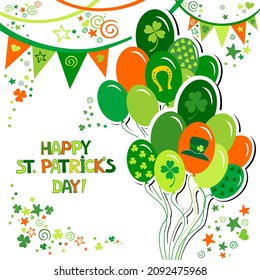 Saint Patrick's Day card with irish colored balloons on green background. Confetti, clover and Place for text. Vector illustration.