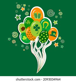 Saint Patrick's Day card with irish colored balloons on green background. Confetti, clover and Place for text. Vector illustration.