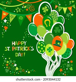 Saint Patrick's Day card with irish colored balloons on green background. Confetti, clover and Place for text. Vector illustration.