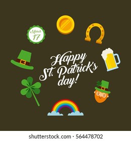 Saint Patrick's Day Card With Irish Icons Around. Colorful Design. Vector Illustration