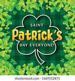 saint patricks day card over square background and clover leaves. vector illustration