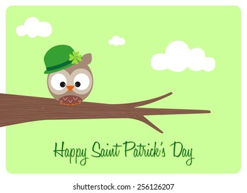 saint patrick's day card, owl wearing a bowler hat with a green four-leaf clover lucky on saint patrick's day