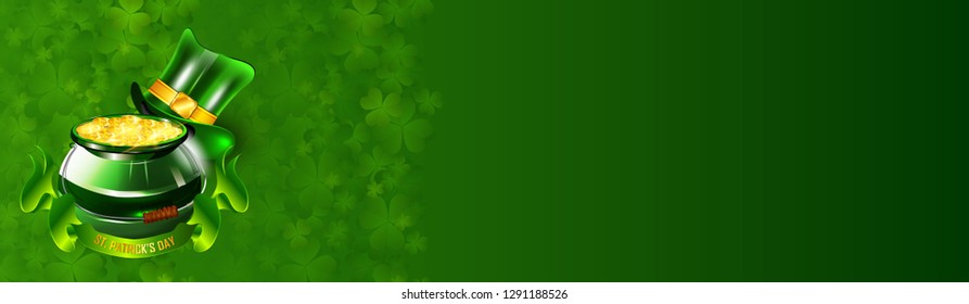 Saint Patrick's Day Card with  Pot Full of Golden Coins, Green Hat and Blurred Green Background. 