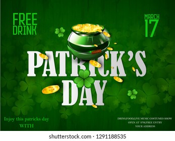 Saint Patrick's Day Card with  Pot Full of Golden Coins, Green Hat and Blurred Green Background. 
