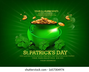 Saint Patricks Day Card with Pot Full of Golden Coins, Calligraphic Lettering Happy St Patricks Day.