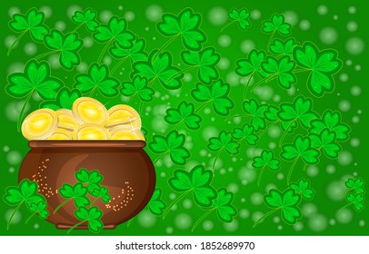 Saint Patricks day card with pot full of golden coins on green shamrock background. Template design banner on St. Patrick's Day with gold in pot and copy space in clover backdrop. Vector illustration