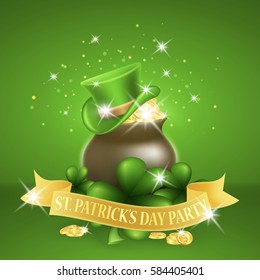 Saint Patricks Day Card with Pot Full of Golden Coins and Golden ribbon whith lettering, Clover on Green Background. Vector Illustration.