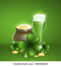 Saint Patricks Day Card with Pot Full of Golden Coins and Green Beer, Clover on Green Background. Vector Illustration.