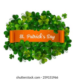 Saint Patrick's Day card, ribbon on realistic shamrock leaves 