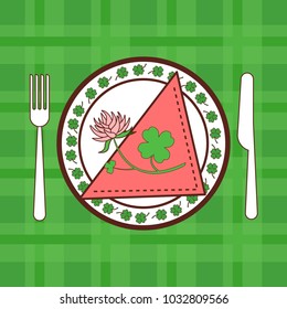 Saint Patricks Day Card With Shamrock Leaves And Flower On Served Plate On Green Checked Background Vector Illustration