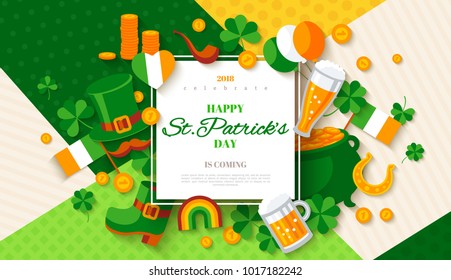 Saint Patrick's Day card with square frame, clovers and flat icons on colorful modern geometric background. Vector illustration. Place for text.