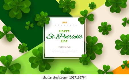 Saint Patrick's Day card with square frame, green four and tree leaf clovers on colorful modern geometric background. Vector illustration. Place for text.