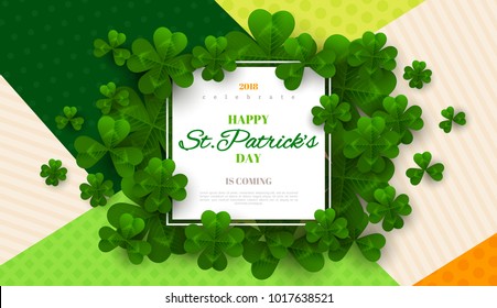 Saint Patrick's Day card with square frame, green four and tree leaf clovers on colorful modern geometric background. Vector illustration. Place for text.