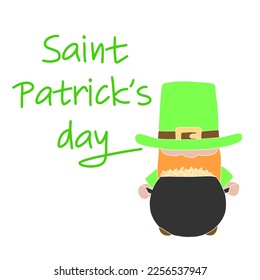 Saint Patrick's Day card. Square banner for St. Patrick's Day with leprechaun and cauldron and coins. Vector illustration.