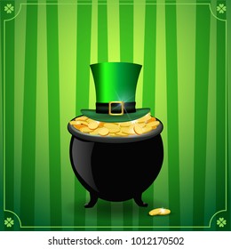 Saint Patricks Day card with treasure of leprechaun, pot full of golden coins and hat on green striped background with elegant shamrock clover border. St Patricks Day symbols. Vector illustration.