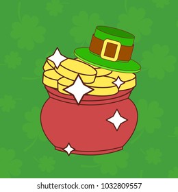 Saint Patricks Day Card With Treasure of Leprechaun, Pot Full of Golden Coins, Green Hat On Shamrock Background Vector Illustration