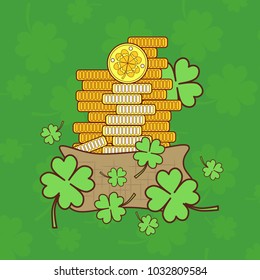 Saint Patricks Day Card With Treasure of Leprechaun Golden Coins, On Green Shamrock Background Vector Illustration
