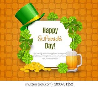 Saint Patricks Day Card with Treasure of Leprechaun, Green Hat on orange Background. Vector Illustration.