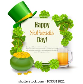 Saint Patricks Day Card with Treasure of Leprechaun, Green Hat on orange Background. Vector Illustration.