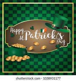 Saint Patrick's Day Card with Treasure of Leprechaun shamrocks Irish celebration design Beer festival green hat and shamrock of a St. Patrick's Day Background poster Leprechaun`s hat and clover design