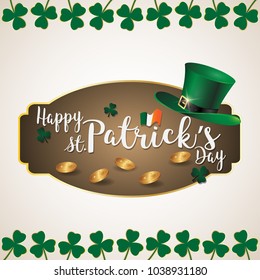 Saint Patrick's Day Card with Treasure of Leprechaun shamrocks Irish celebration design Beer festival green hat and shamrock of a St. Patrick's Day Background poster Leprechaun`s hat and clover design