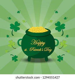 Saint Patricks Day Card with Treasure of Leprechaun, Pot Full of Golden Coins on Blurred Green Background. 