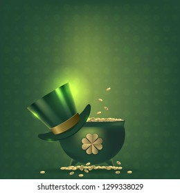 Saint Patricks Day Card with Treasure of Leprechaun, Pot Full of Golden Coins, Green Hat and leprechaun on Green Background. Vector Illustration.