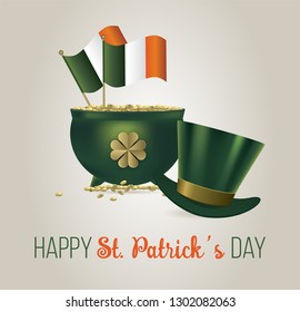 Saint Patricks Day Card with Treasure of Leprechaun, Pot Full of Golden Coins, Green Hat and leprechaun Vector Illustration.