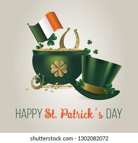 Saint Patricks Day Card with Treasure of Leprechaun, Pot Full of Golden Coins, Green Hat and leprechaun Vector Illustration.