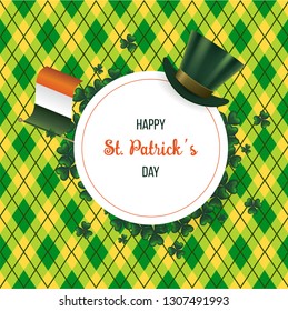 Saint Patricks Day Card with Treasure of Leprechaun, Green Hat and leprechaun Vector Illustration.