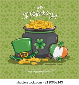 Saint Patrick's Day Card With Treasure Of Leprechaun, Pot Full Golden Coins, Green Hat, Shamrock, And Ireland Heart. Cute Cartoon Illustration