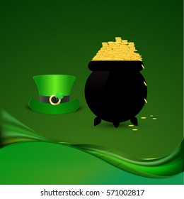 Saint Patricks Day Card with Treasure of Leprechaun, Pot Full of Golden Coins, Green Hat and Shamrock.