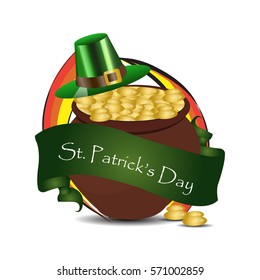 Saint Patricks Day Card with Treasure of Leprechaun, Pot Full of Golden Coins, Green Hat and Shamrock.