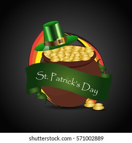 Saint Patricks Day Card with Treasure of Leprechaun, Pot Full of Golden Coins, Green Hat and Shamrock.