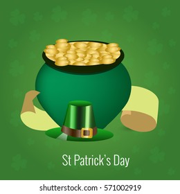 Saint Patricks Day Card with Treasure of Leprechaun, Pot Full of Golden Coins, Green Hat and Shamrock.