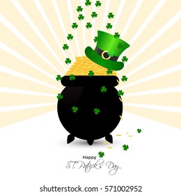 Saint Patricks Day Card with Treasure of Leprechaun, Pot Full of Golden Coins, Green Hat and Shamrock.