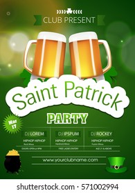 Saint Patricks Day Card with Treasure of Leprechaun, Pot Full of Golden Coins, Green Hat and Shamrock.