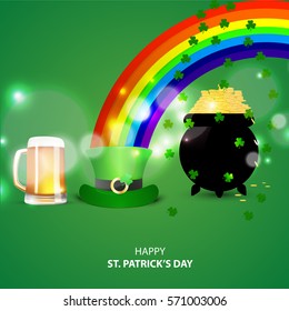 Saint Patricks Day Card with Treasure of Leprechaun, Pot Full of Golden Coins, Green Hat and Shamrock.