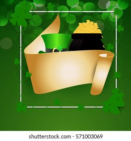 Saint Patricks Day Card with Treasure of Leprechaun, Pot Full of Golden Coins, Green Hat and Shamrock.